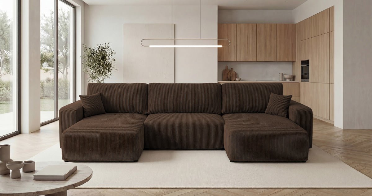 Designer Sofa Noma U mit Schlaffunktion und Stauraum in Cord