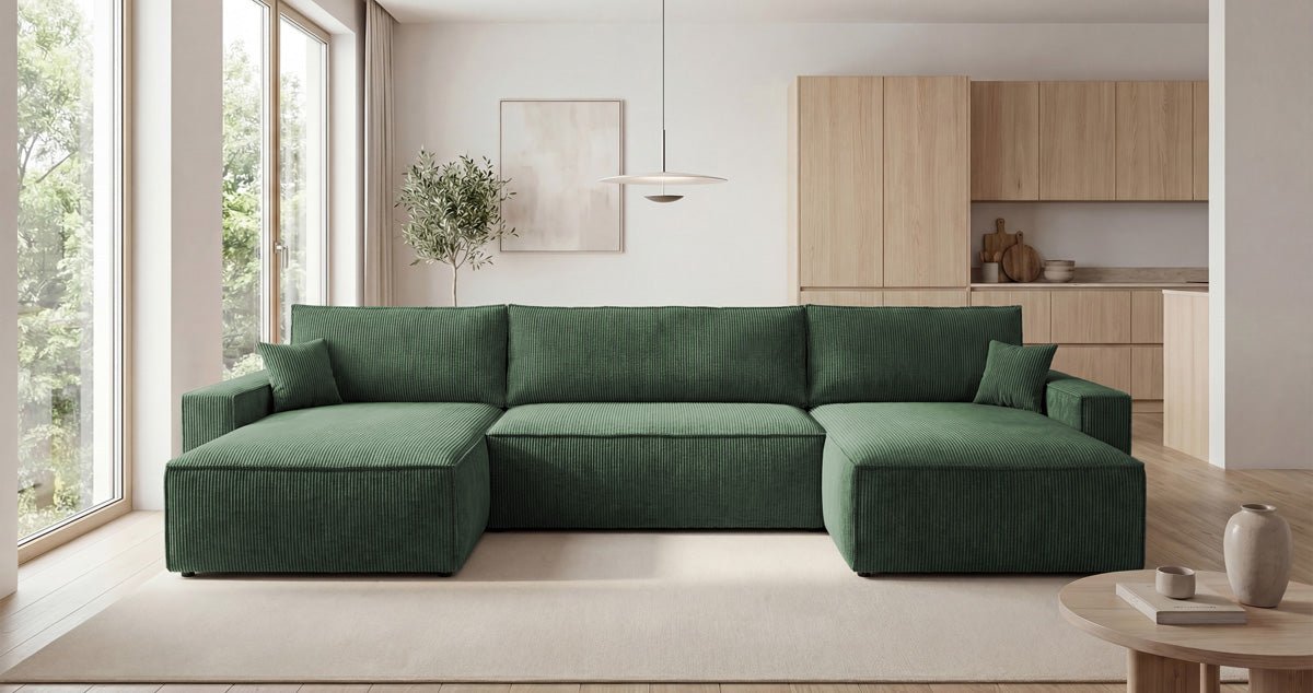 Designer Sofa Vienna U mit Schlaffunktion und Stauraum in Cord