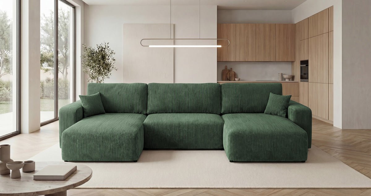 Designer Sofa Noma U mit Schlaffunktion und Stauraum in Cord