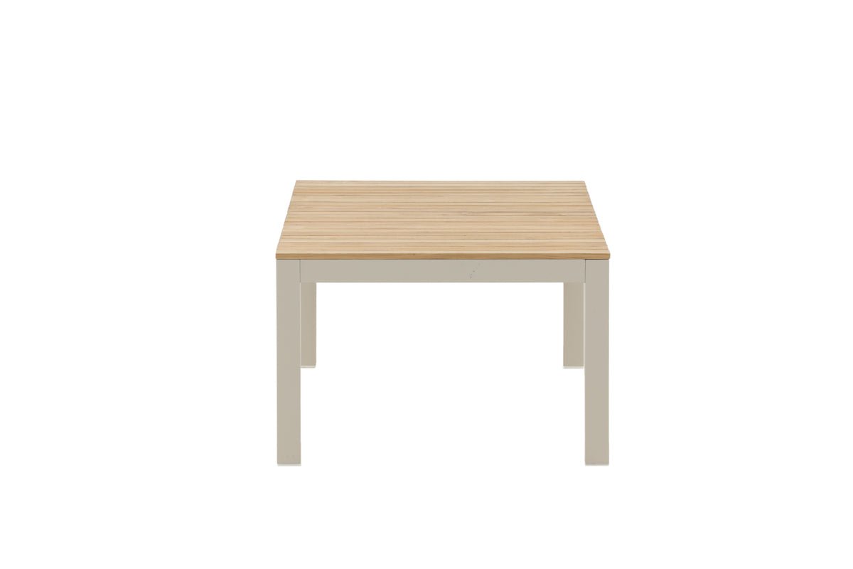 Záhradný konferenčný stolík Alanu - kombinácia materiálov z hliníka a teakového dreva