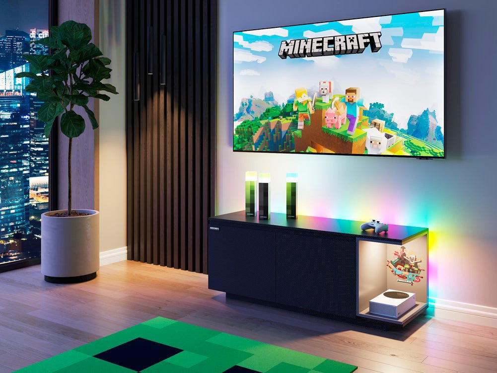 Minecraft nízka skrinka „BlockBase“ – s dverami, konzolovým priečinkom a LED prvkom