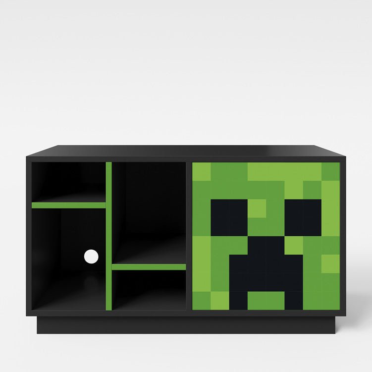 Minecraft TV-nízky stolík „CreeperCube“ – s Push-Open dverami a otvorenými priehradkami