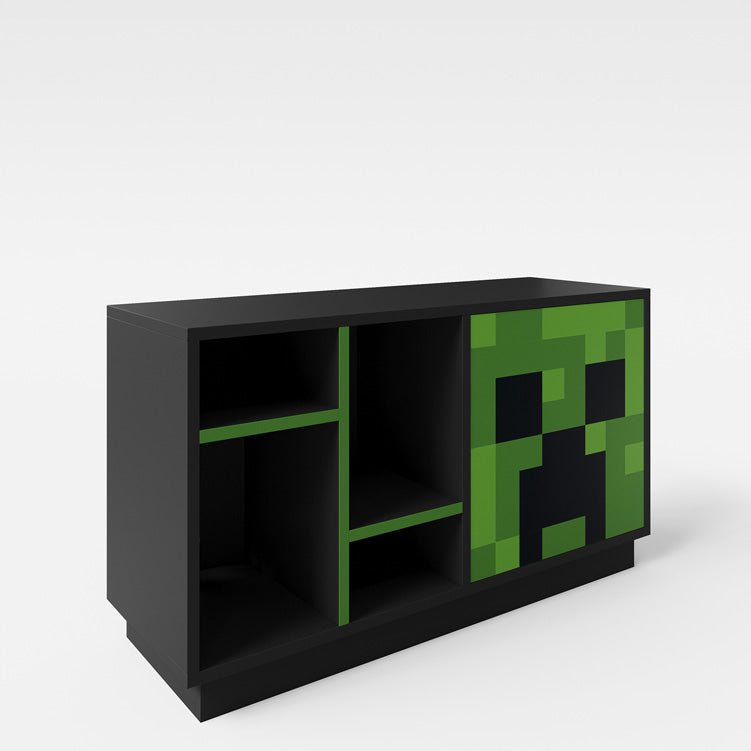 Minecraft TV-nízky stolík „CreeperCube“ – s Push-Open dverami a otvorenými priehradkami