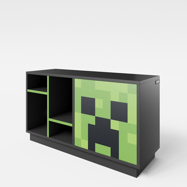 Minecraft TV-nízky stolík „CreeperCube“ – s Push-Open dverami a otvorenými priehradkami