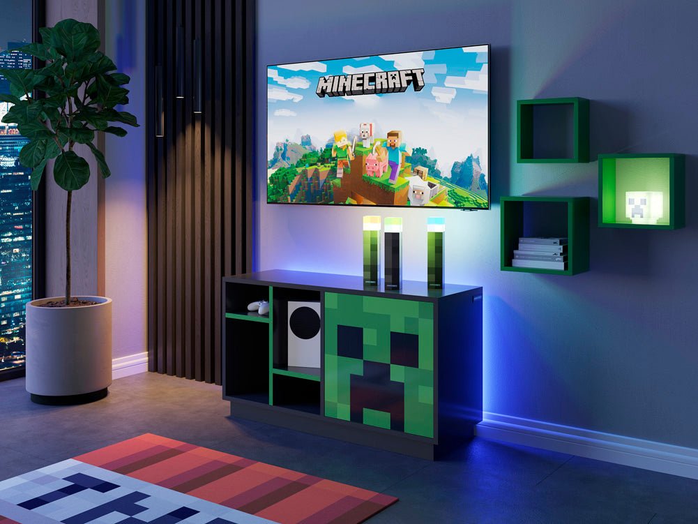 Minecraft TV-nízky stolík „CreeperCube“ – s Push-Open dverami a otvorenými priehradkami