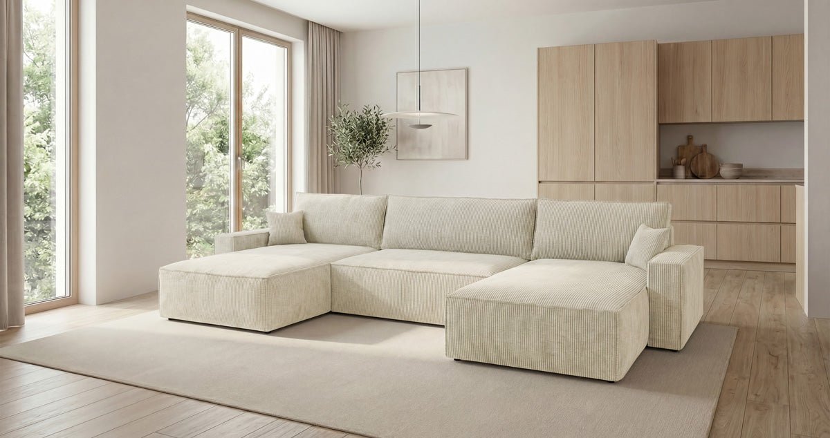 Designer Sofa Vienna U mit Schlaffunktion und Stauraum in Cord