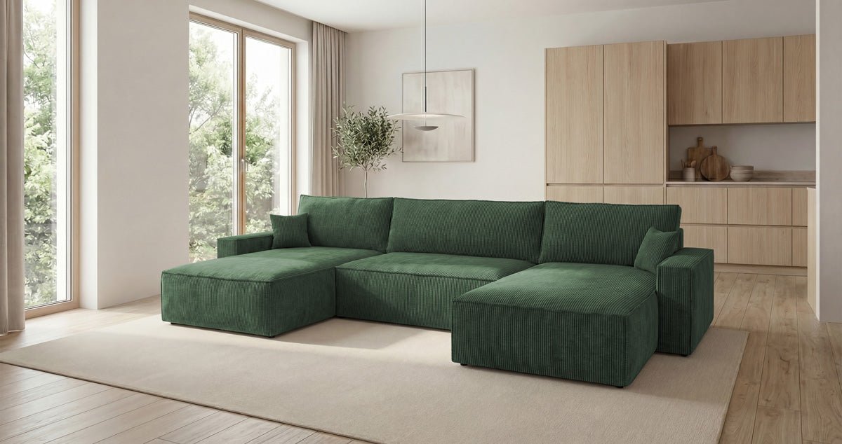 Designer Sofa Vienna U mit Schlaffunktion und Stauraum in Cord