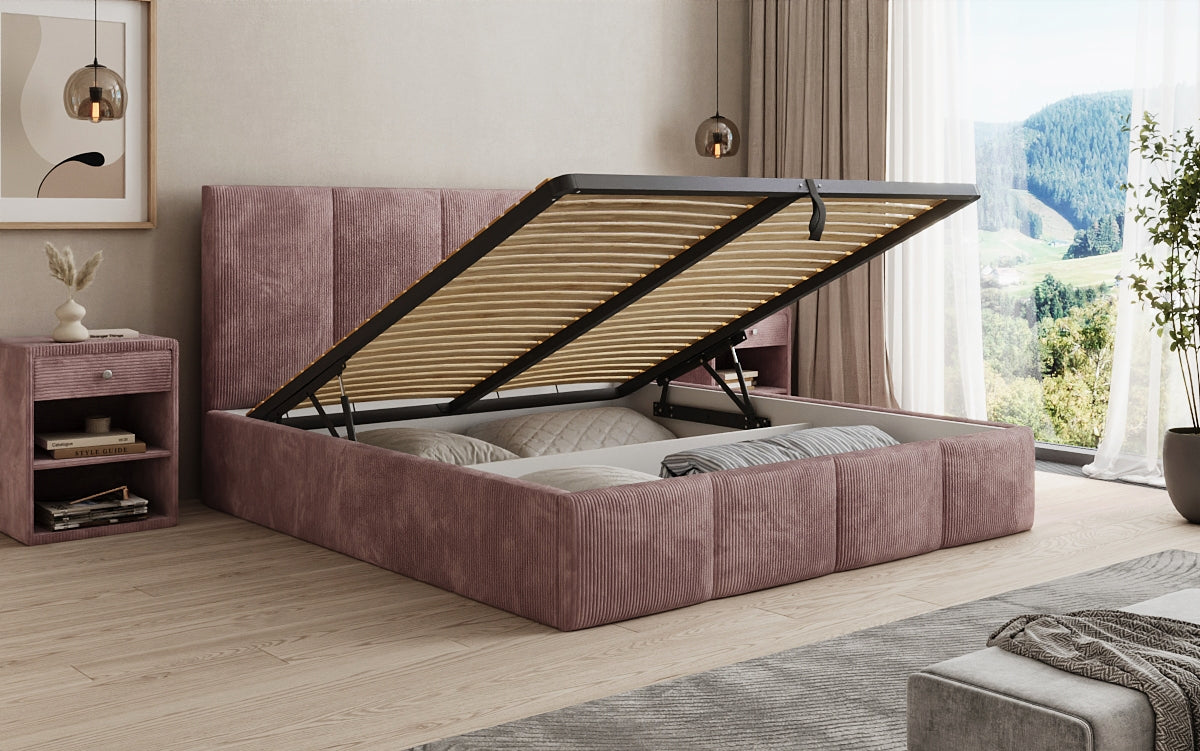 Designer Polsterbett Mina in Cord mit Stauraum