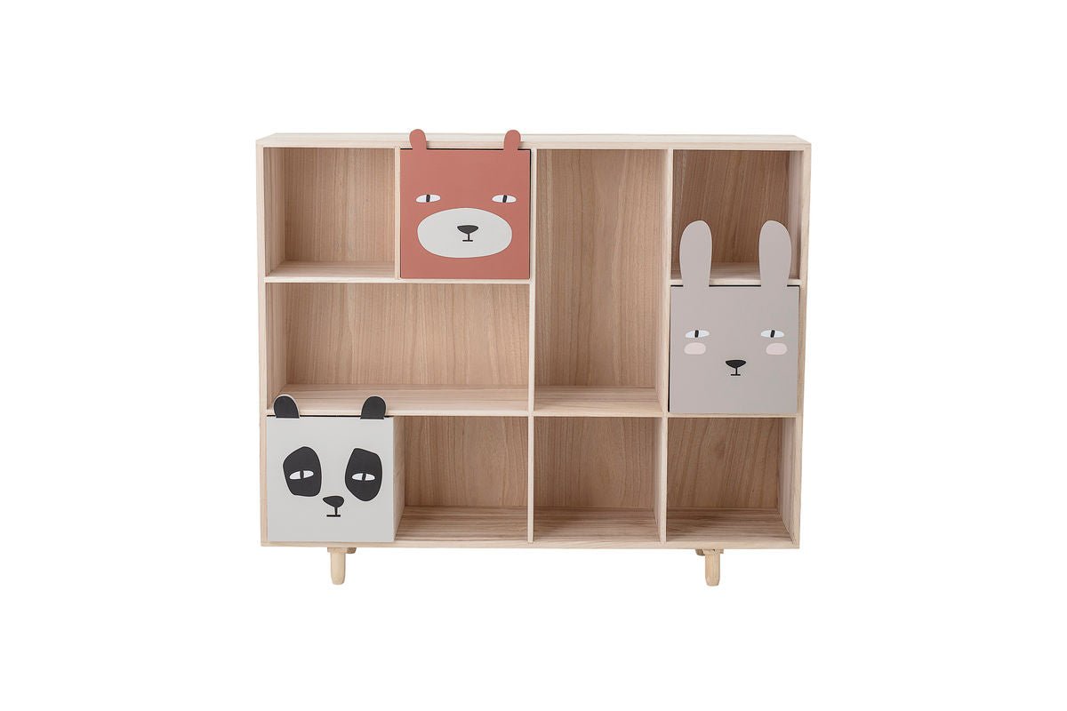 Detský knižný regál Alia - drevený regál s zásuvkami a zvieracími motívmi na knihy a hračky