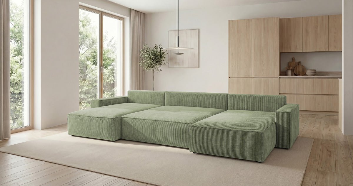 Designer Sofa Vienna U mit Schlaffunktion und Stauraum in Cord