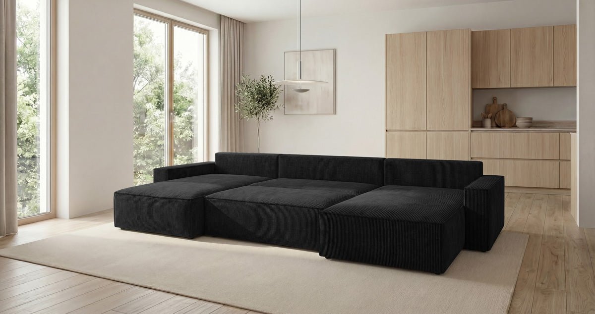 Designer Sofa Vienna U mit Schlaffunktion und Stauraum in Cord