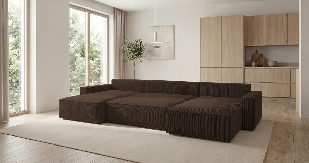 Designer Sofa Vienna U mit Schlaffunktion und Stauraum in Cord