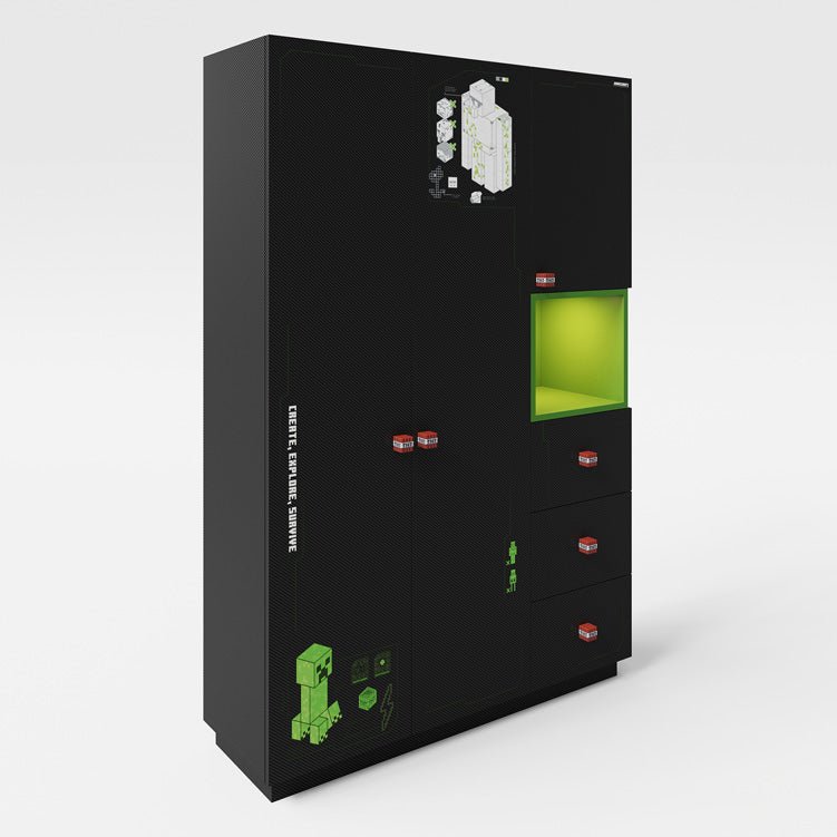 Minecraft šatník „CraftBox“ – 3-dverový s zásuvkami a otvorenými priehradkami