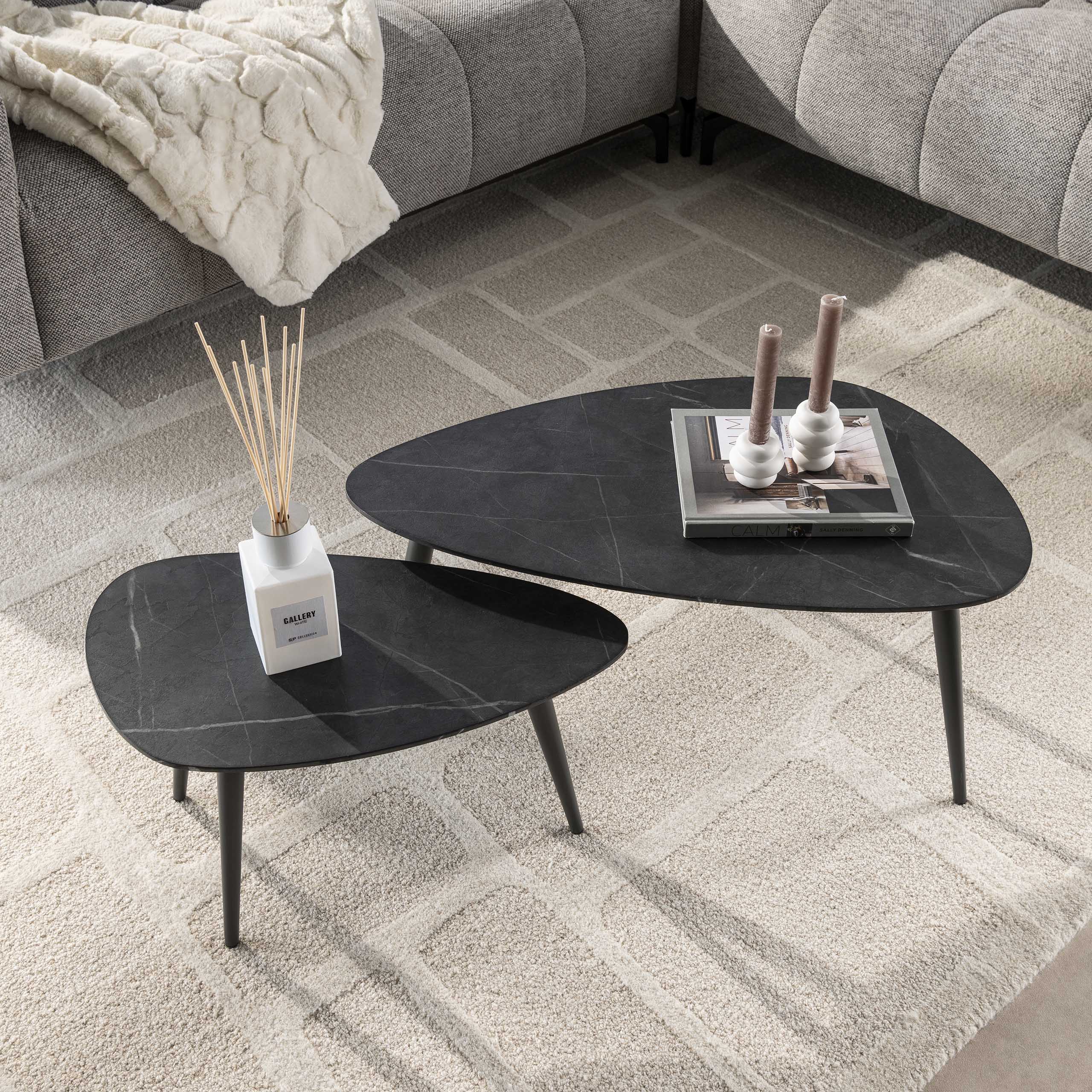 Konferenčný stolík Alvara - sada 2 kusov z melamínu s keramickým vzhľadom a rámom z ocele