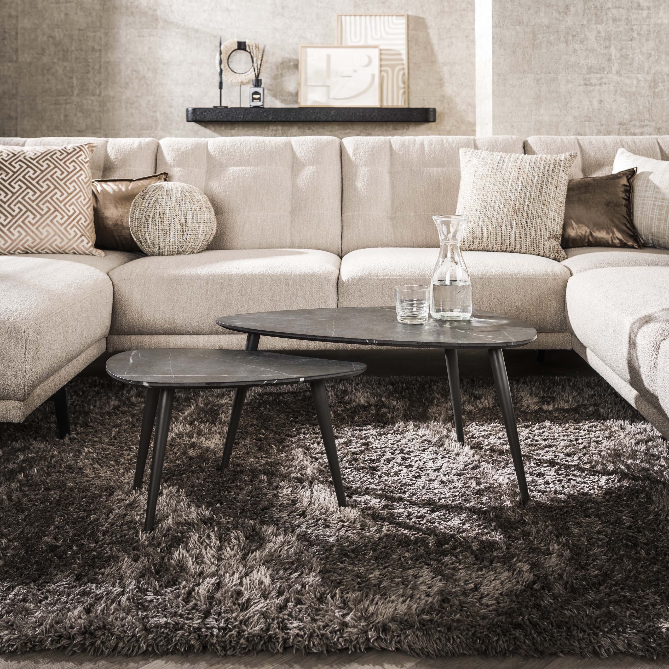 Konferenčný stolík Alvara - sada 2 kusov z melamínu s keramickým vzhľadom a rámom z ocele