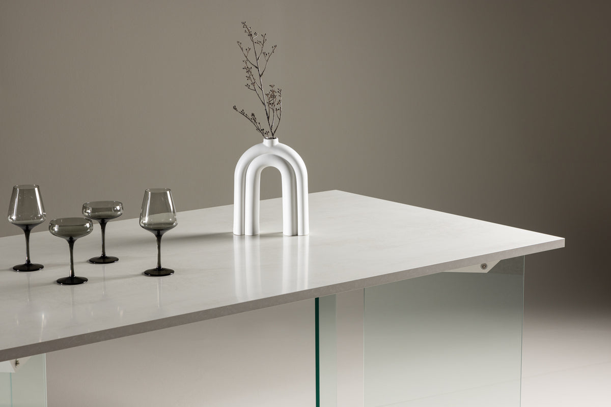 Jedálenský stôl Brevon - moderný jedálenský stôl na sklenenom ráme s svetlosivou doskou stola