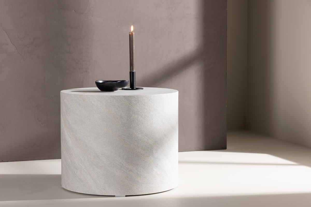 Konferenčný stolík/prístavný stolík Marlo - valcový tvar v sivej farbe