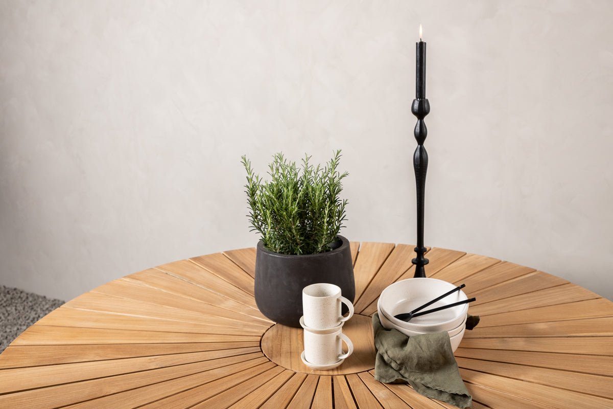 Záhradný stôl Mirani - okrúhly jedálenský stôl z kovu a teakového dreva