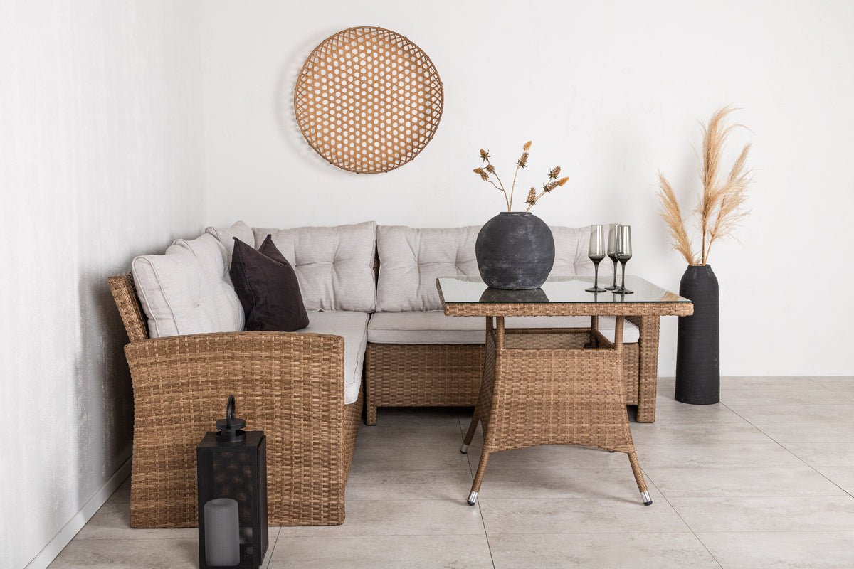 Záhradná lounge súprava Olivia – s rohovou pohovkou a skleneným konferenčným stolíkom v dvoch farbách