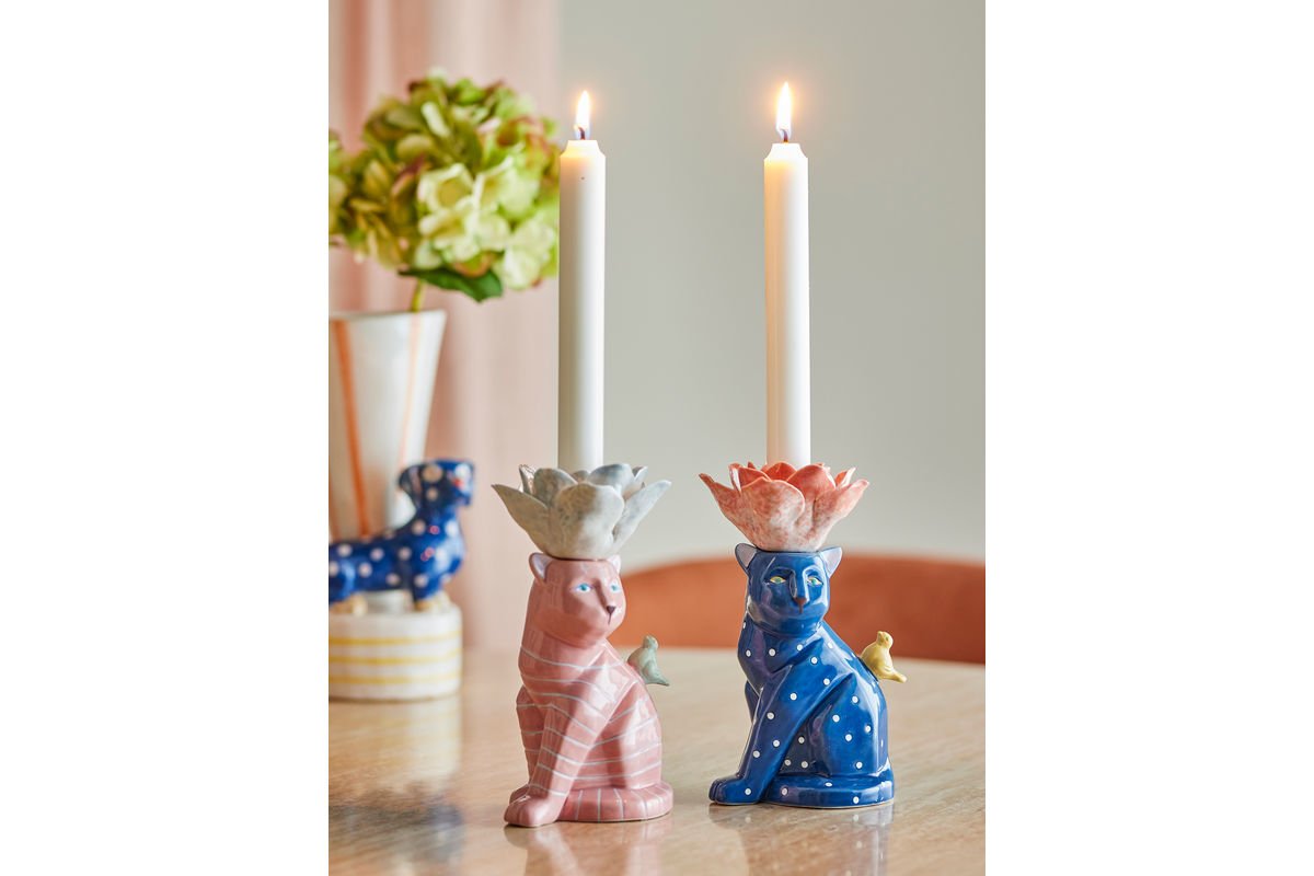 Kerzenhalter Felinea – Katzenmotiv mit reaktiver Glasur (2er-Set)