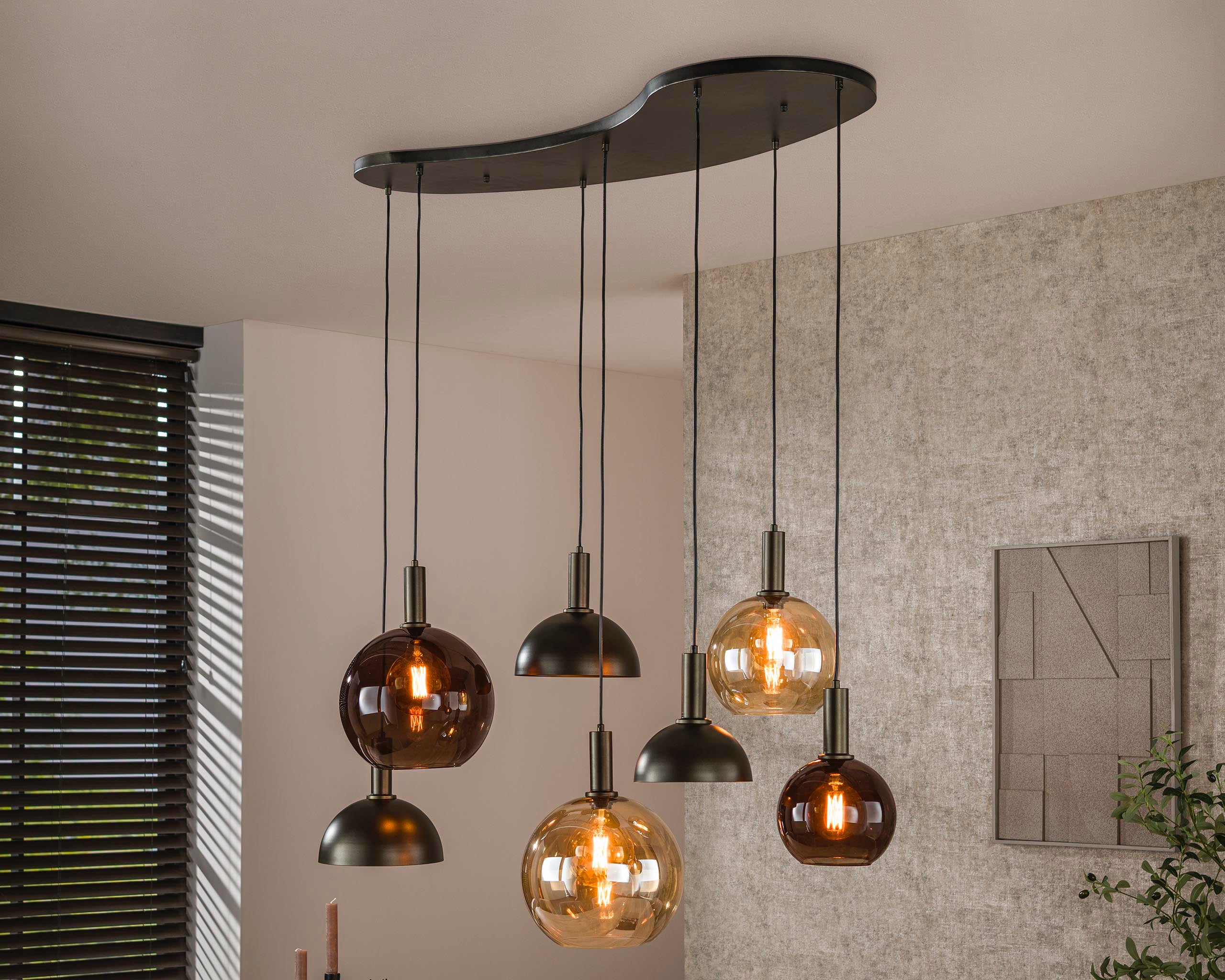 Závesné svietidlo Caldera – Organický zhlukový dizajn v siennovej hnedej (7-plamenné)