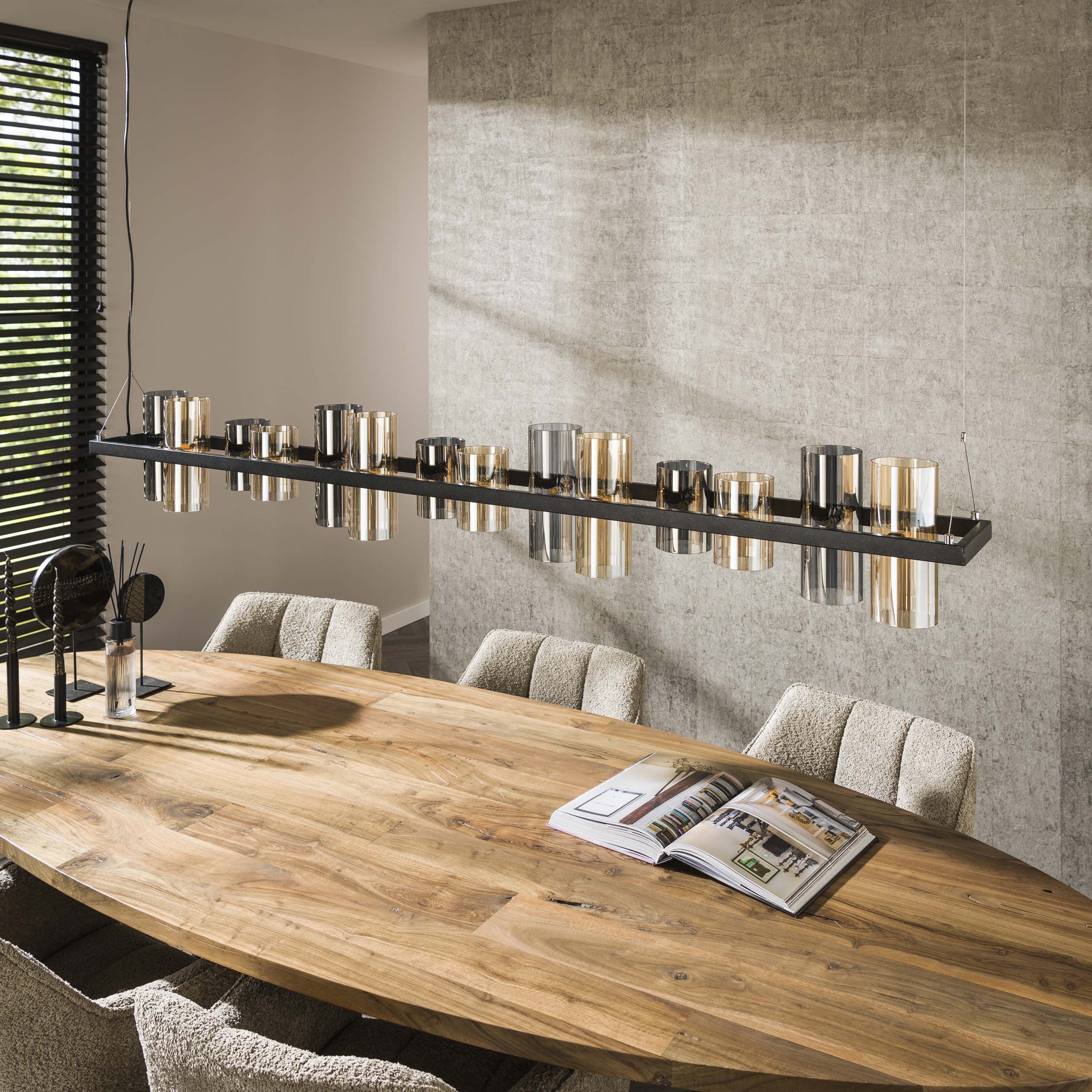 Závesné svietidlo "Melvira" – 14 valcových sklenených tienidiel v jantárovej a chrómovej úprave