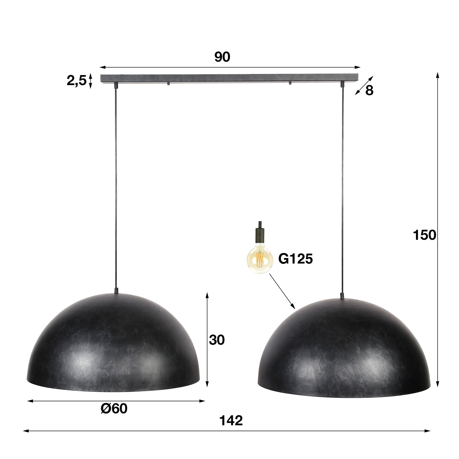 Závesné svietidlo „Elandra“ – 2 svietidlá s 60 cm veľkými, kupolovitými tienidlami v tmavosivej farbe