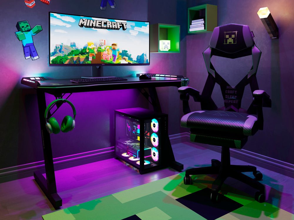 Herný stôl Minecraft „EnderCraft“ – s LED, držiakom na poháre a headset