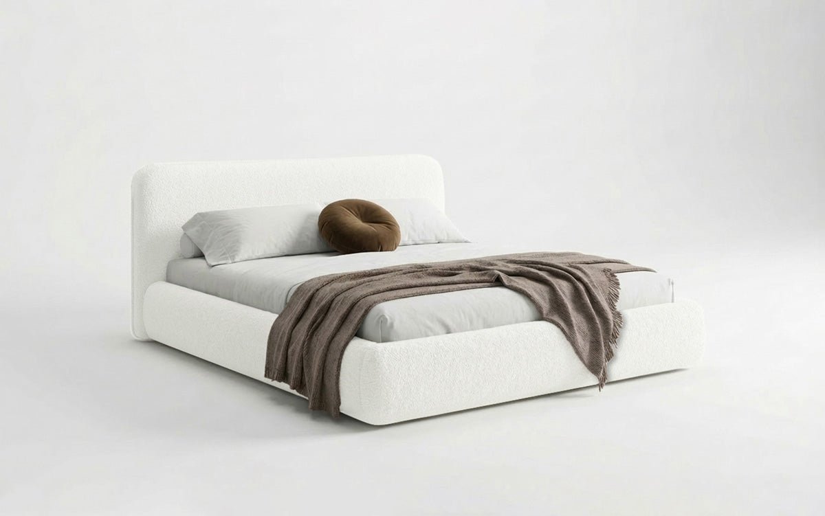 Dizajnová čalúnená posteľ Arosa s poťahom bouclé a úložným priestorom