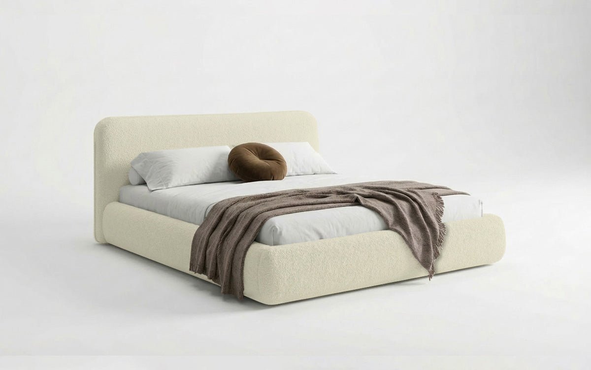 Dizajnová čalúnená posteľ Arosa s poťahom bouclé a úložným priestorom