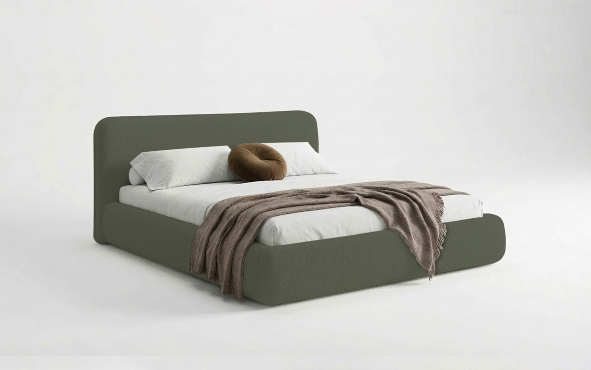 Dizajnová čalúnená posteľ Arosa s poťahom bouclé a úložným priestorom