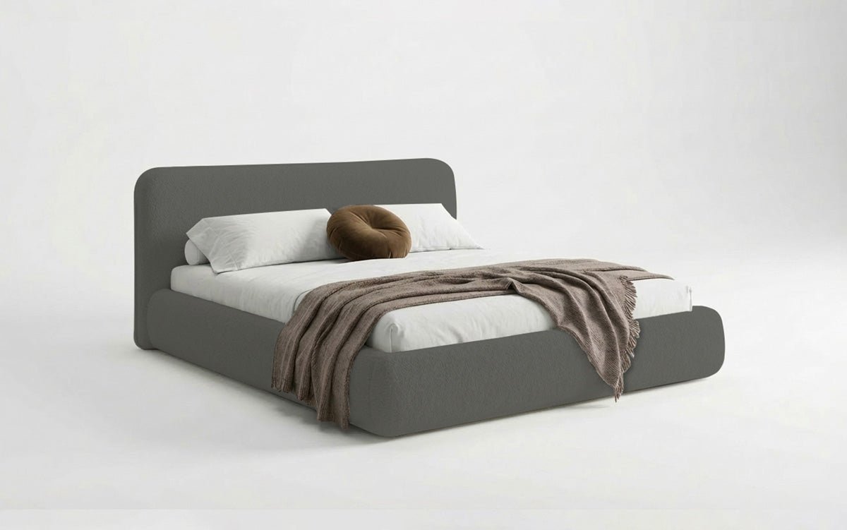 Dizajnová čalúnená posteľ Arosa s poťahom bouclé a úložným priestorom