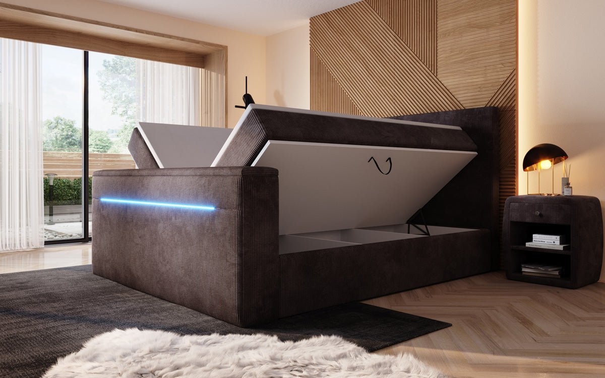 Boxspringbett Sejour s TV zdvihákom, RGB a úložným priestorom v kordovine
