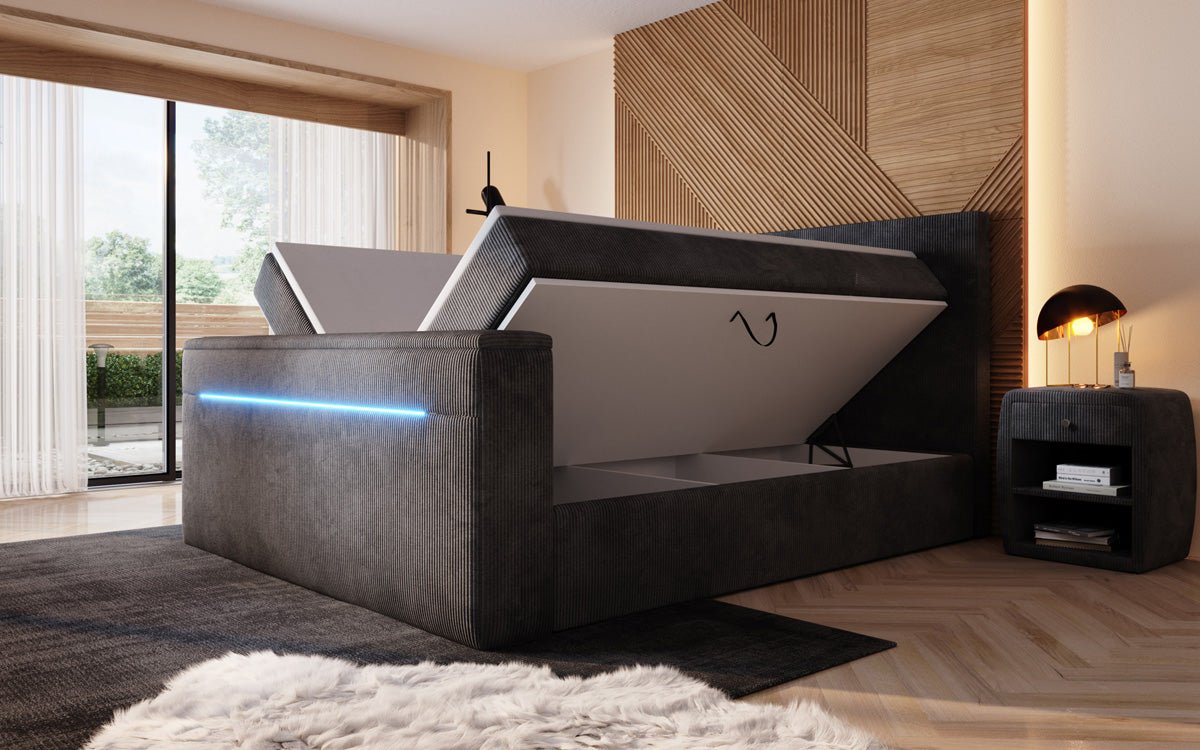 Boxspringbett Sejour s TV zdvihákom, RGB a úložným priestorom v kordovine