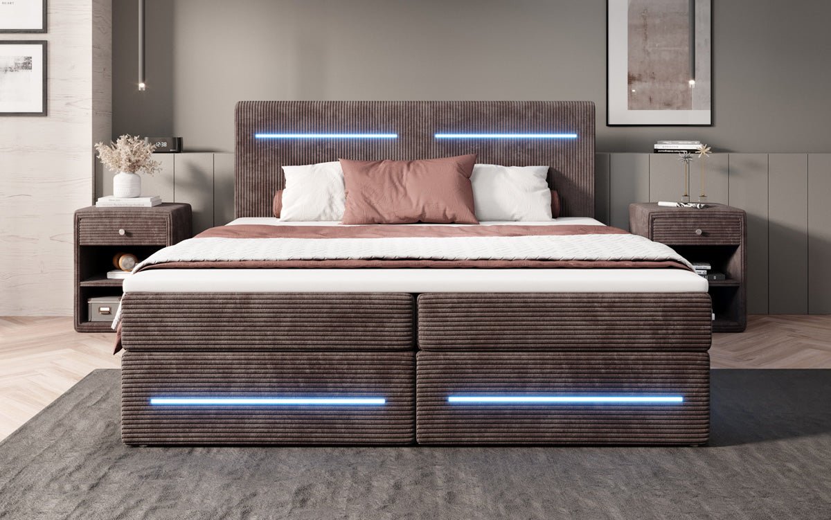 Boxspringová posteľ Lara so skladovacím priestorom a LED v kordovom prevedení