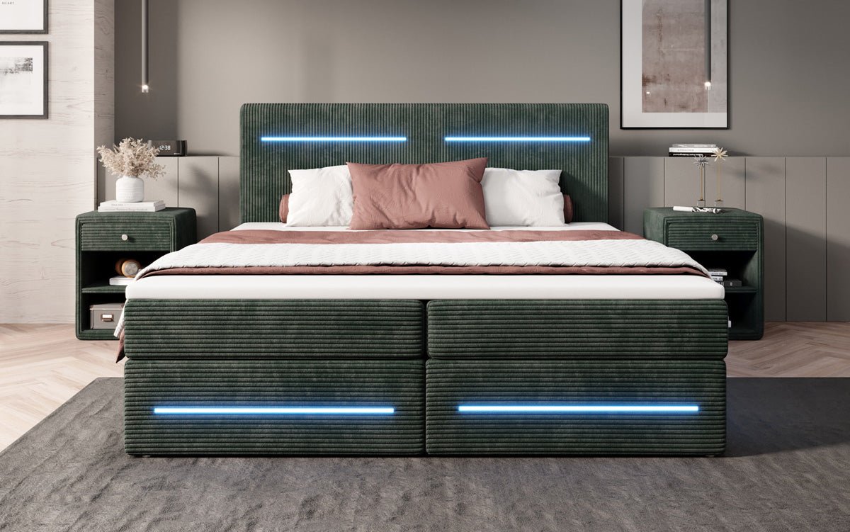 Boxspringová posteľ Lara so skladovacím priestorom a LED v kordovom prevedení