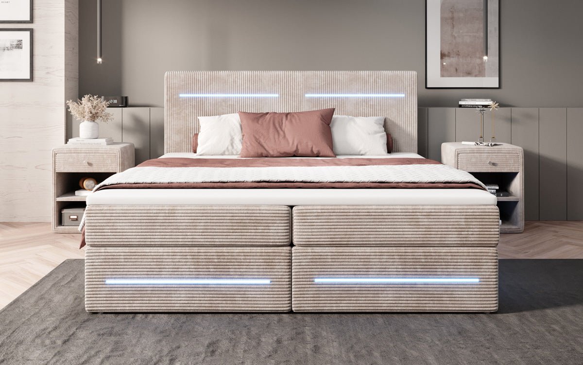 Boxspringová posteľ Lara so skladovacím priestorom a LED v kordovom prevedení