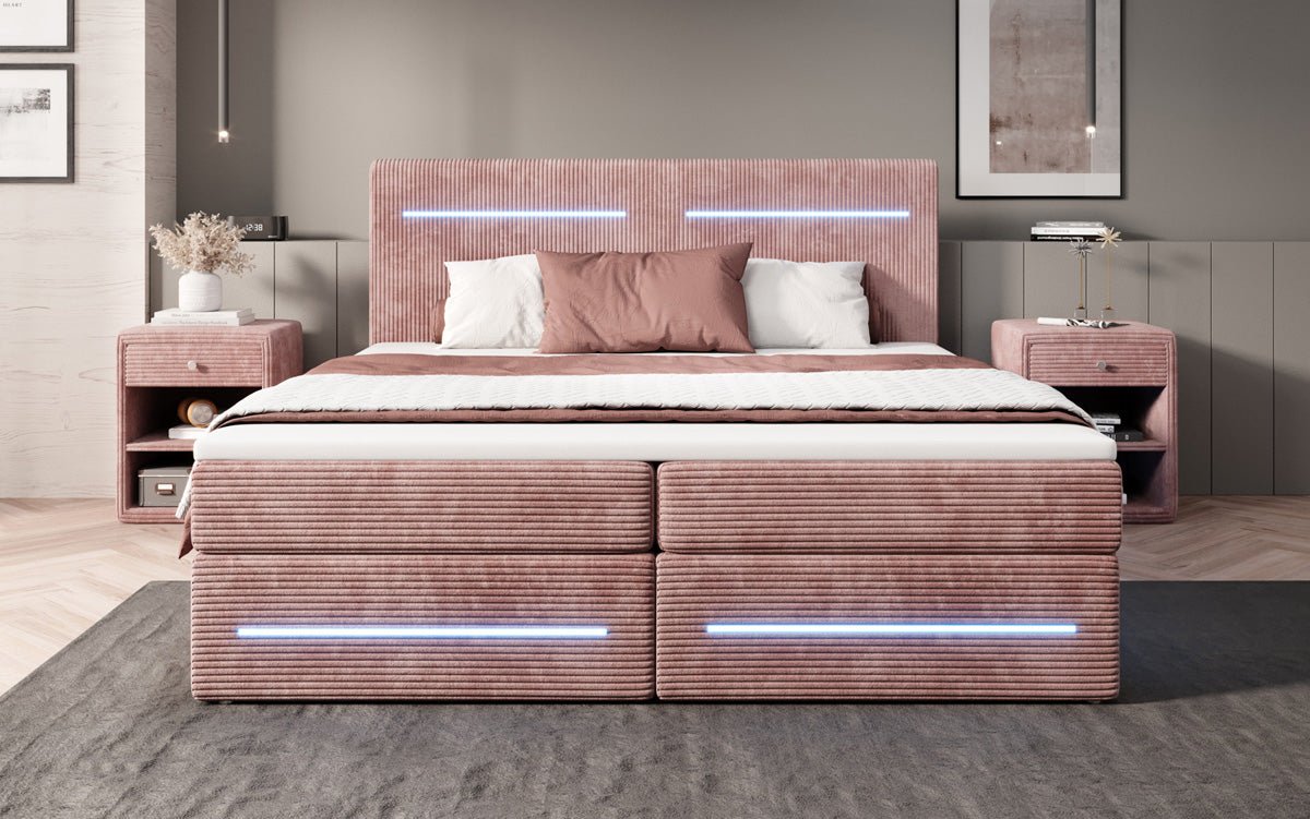 Boxspringová posteľ Lara so skladovacím priestorom a LED v kordovom prevedení