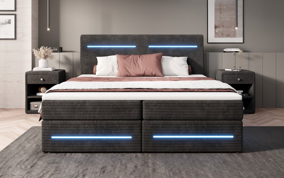 Boxspringová posteľ Lara so skladovacím priestorom a LED v kordovom prevedení