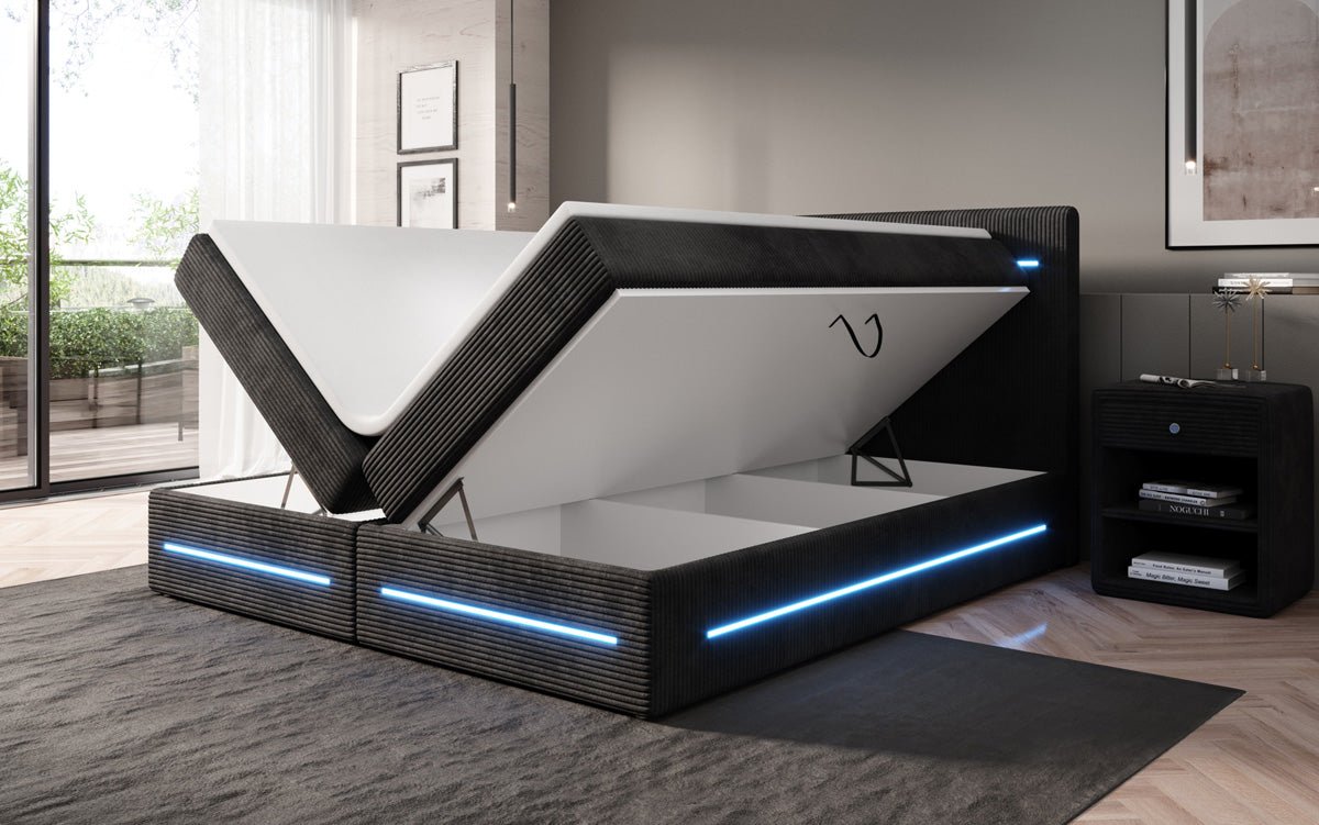 Boxspringová posteľ Lara so skladovacím priestorom a LED v kordovom prevedení
