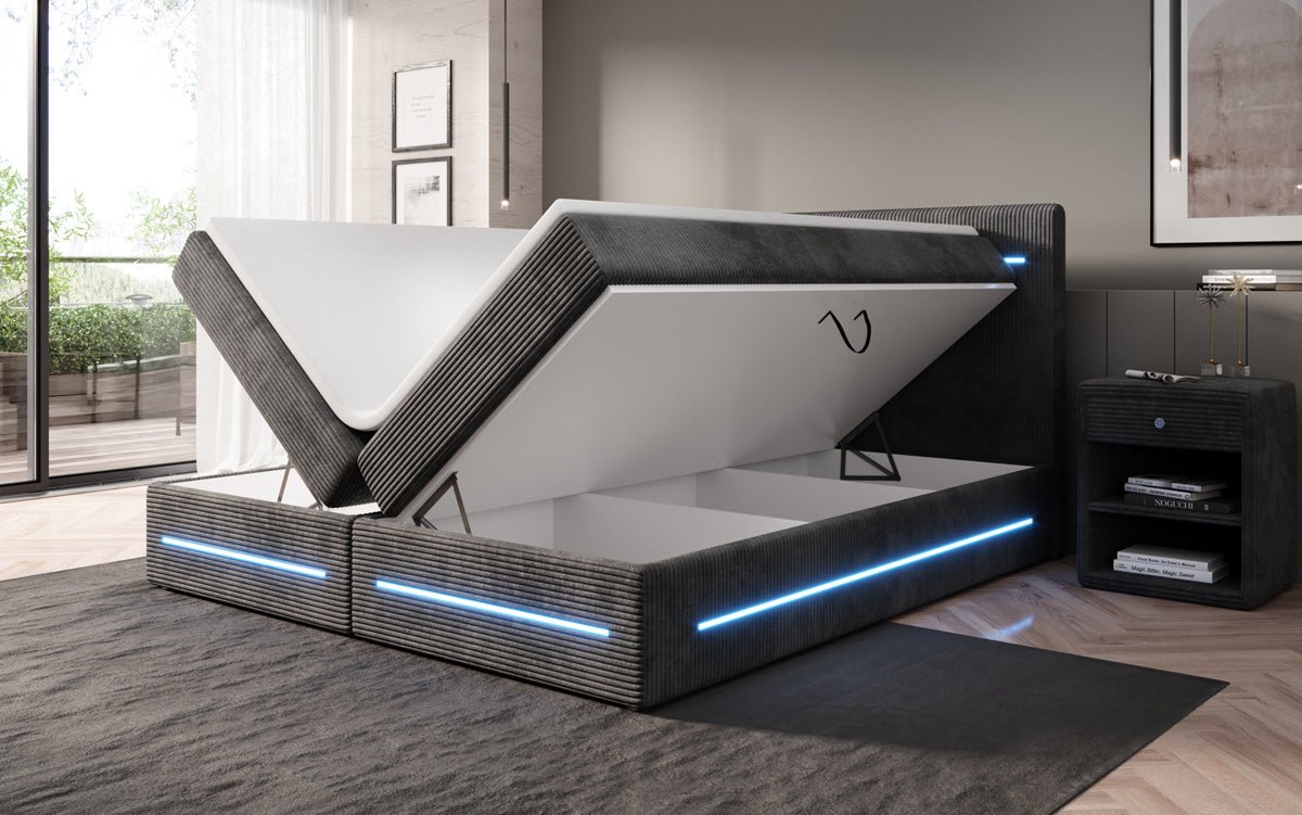 Boxspringová posteľ Lara so skladovacím priestorom a LED v kordovom prevedení