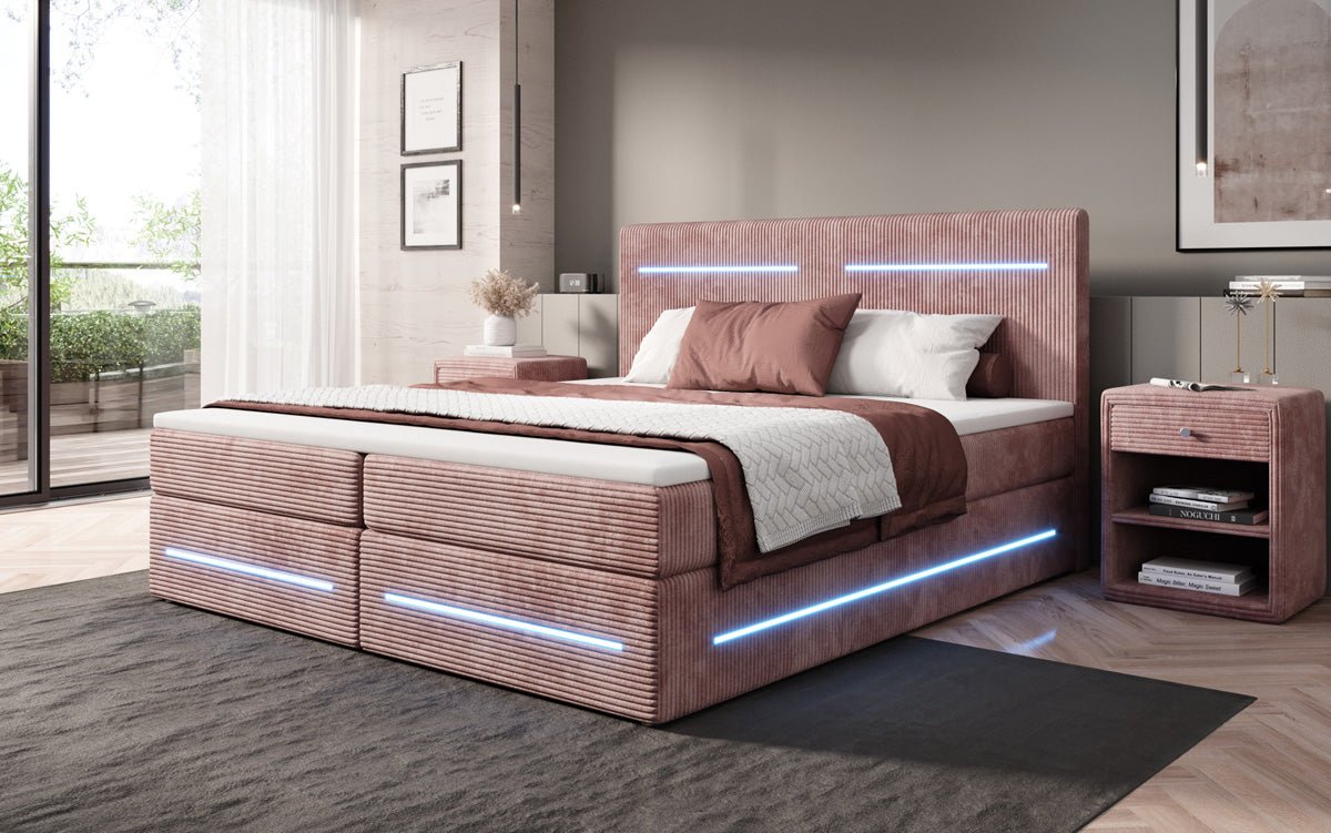 Boxspringová posteľ Lara so skladovacím priestorom a LED v kordovom prevedení