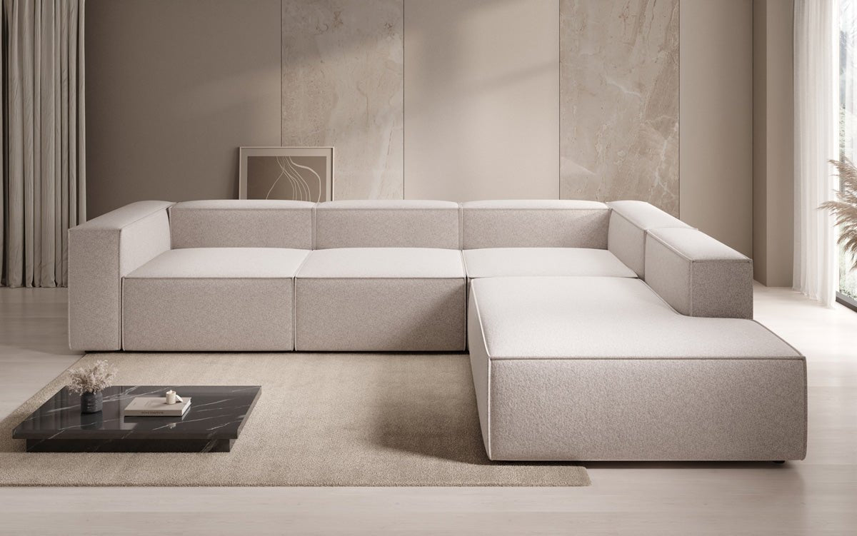 Dizajnová pohovka Lesley L s dlhou otomanou v štruktúrovanej tkanine