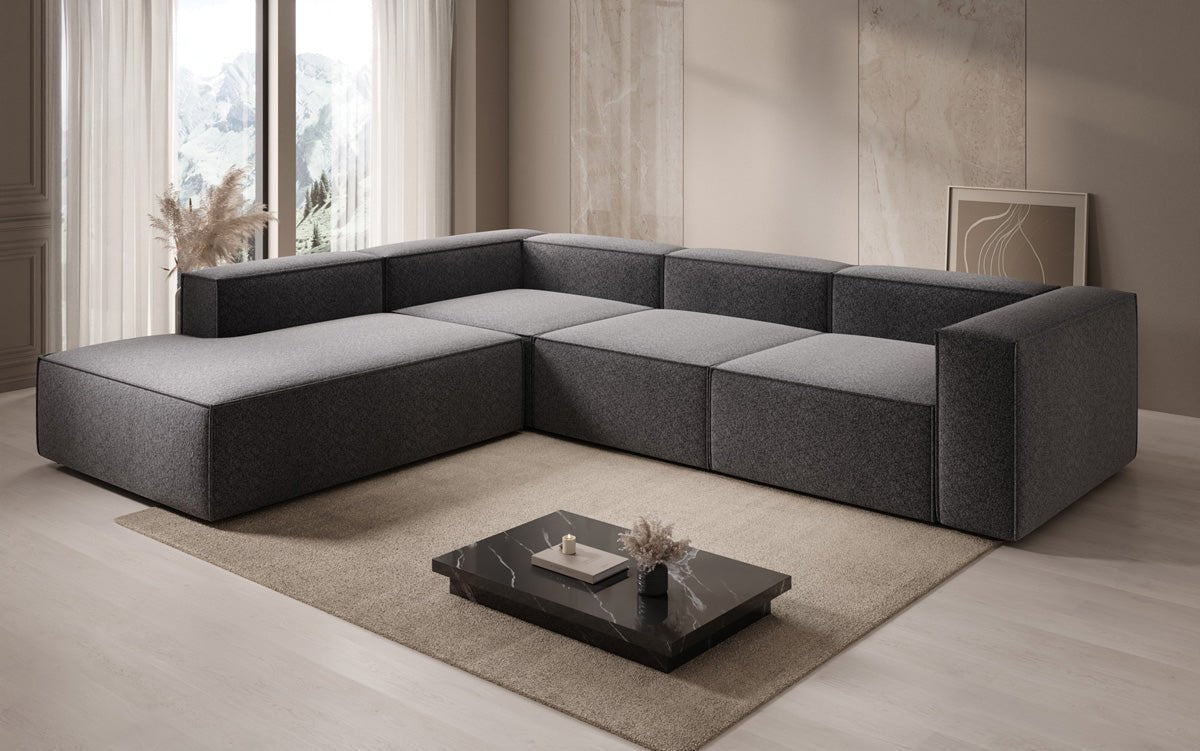 Dizajnová pohovka Lesley L s dlhou otomanou v štruktúrovanej tkanine