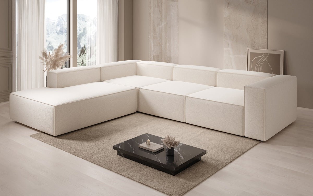 Dizajnová pohovka Lesley L s dlhou otomanou v štruktúrovanej tkanine