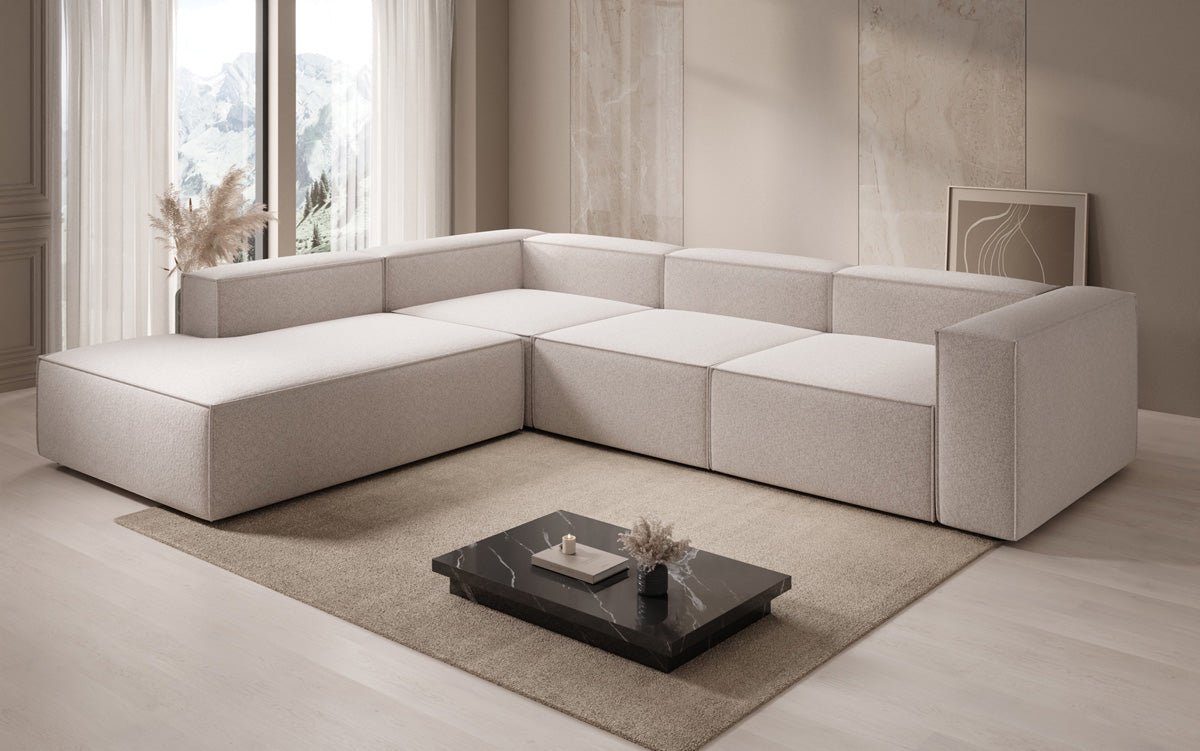 Dizajnová pohovka Lesley L s dlhou otomanou v štruktúrovanej tkanine