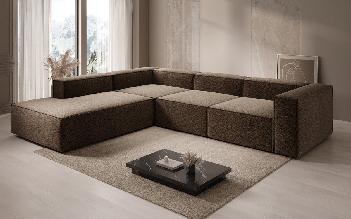 Dizajnová pohovka Lesley L s dlhou otomanou v štruktúrovanej tkanine