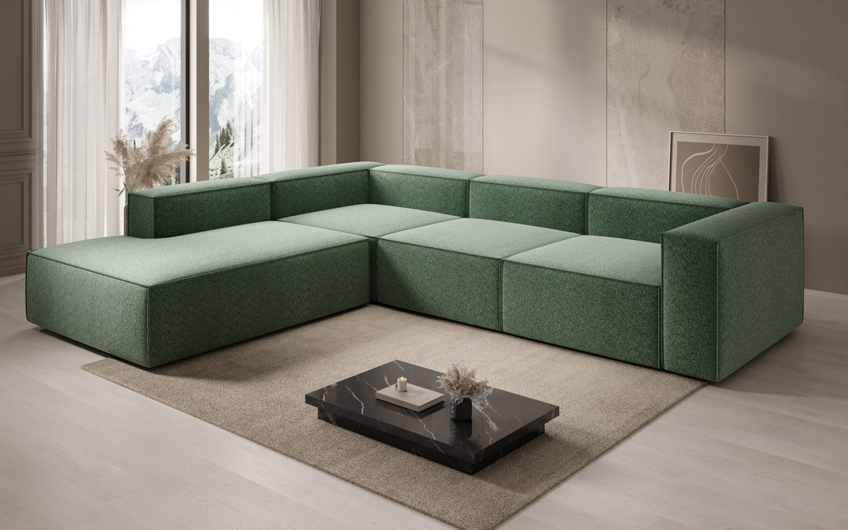 Dizajnová pohovka Lesley L s dlhou otomanou v štruktúrovanej tkanine