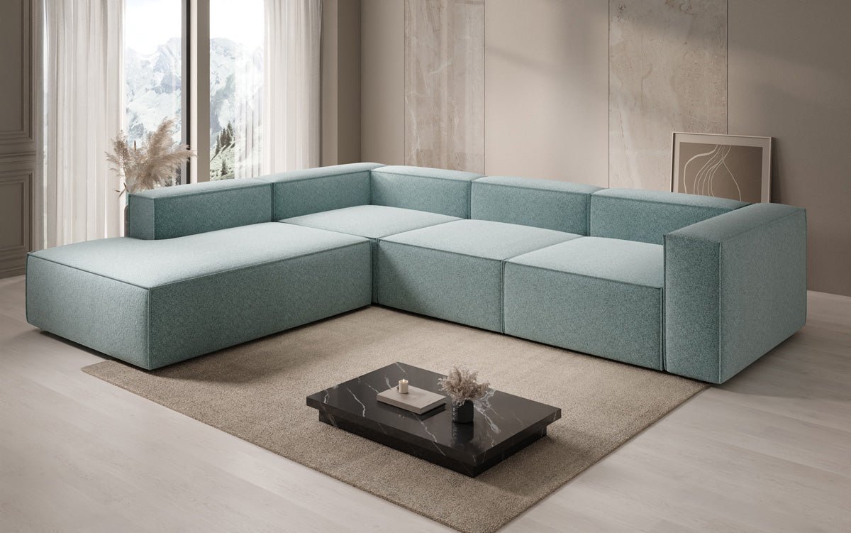 Dizajnová pohovka Lesley L s dlhou otomanou v štruktúrovanej tkanine