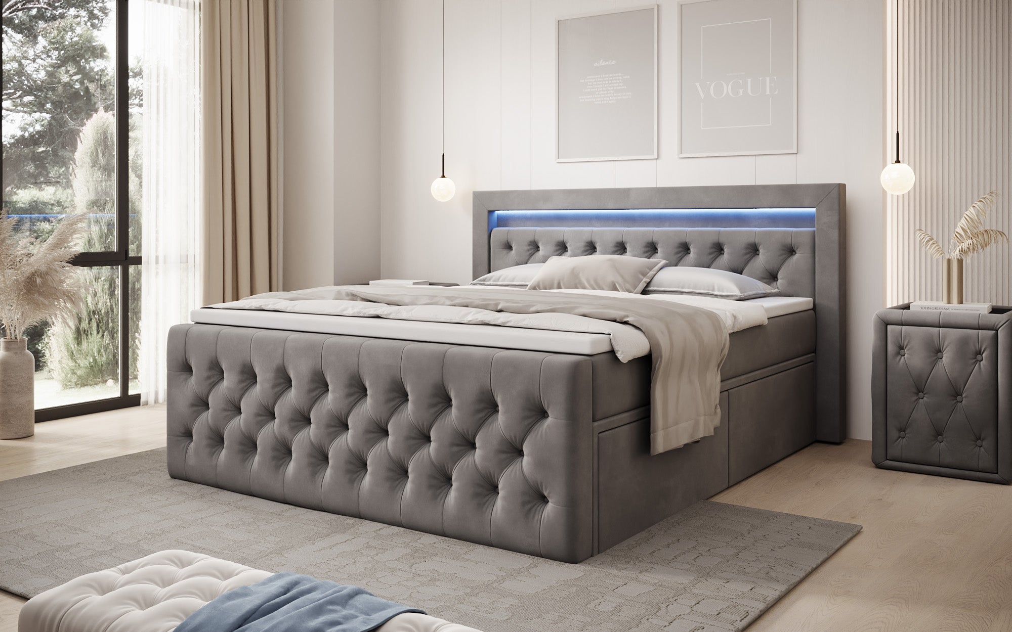 Boxspringbett Menzogna Samt s LED osvetlením a úložným priestorom (2 zásuvky)
